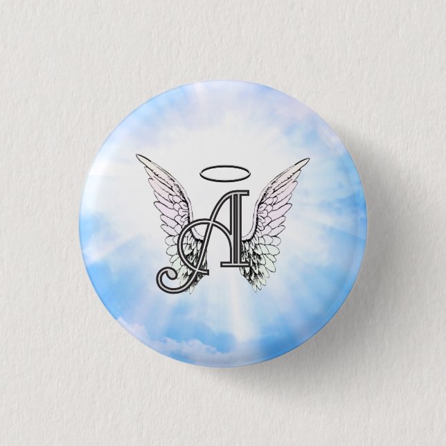 Monogram Initial A, Angel Wings & Halo w/ Clouds 3 Cm Round Badge (Front)