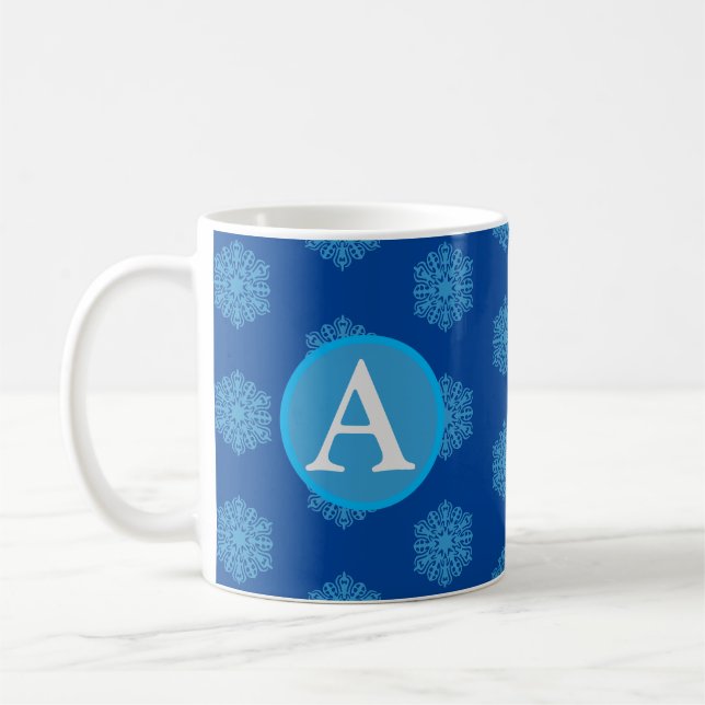 Monogram Initial "A" Blue Snowflakes Coffee Mug (Left)