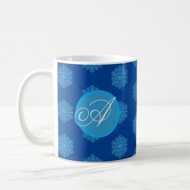 Monogram Initial "A" Blue Snowflakes Coffee Mug (Left)