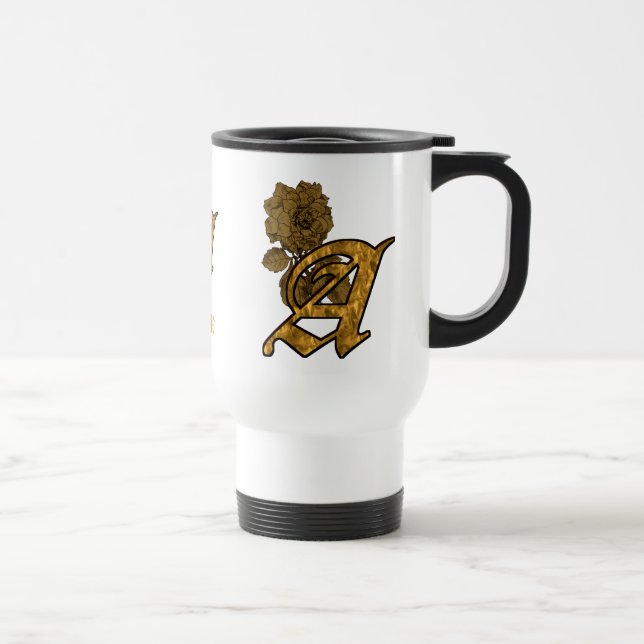 Monogram Initial A Elegant Gold Peony Personalised Travel Mug (Right)