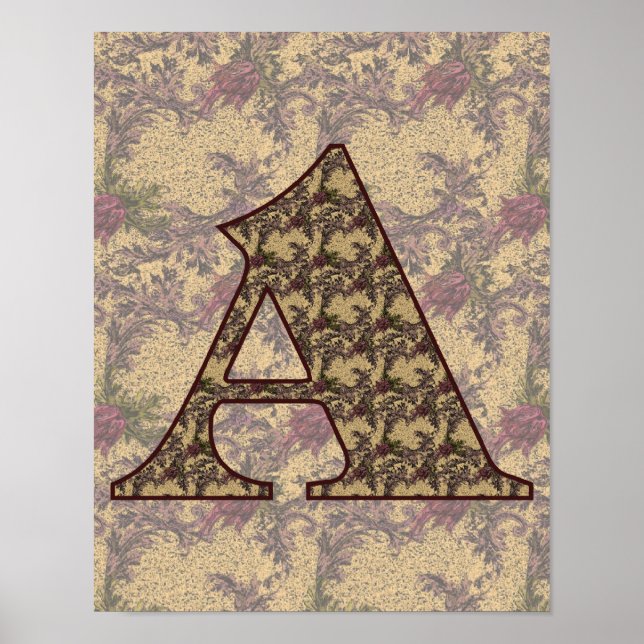 Monogram Initial A Elegant Vintage Floral Poster (Front)