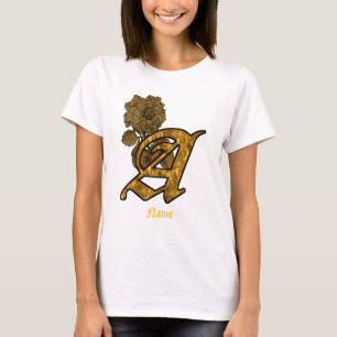 Monogram Initial A Gold Peony Flower Personalised T-Shirt