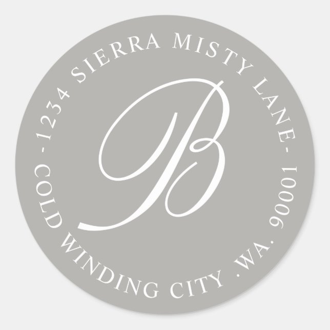 Monogram Initial Address or Wedding Grey Classic Round Sticker (Front)