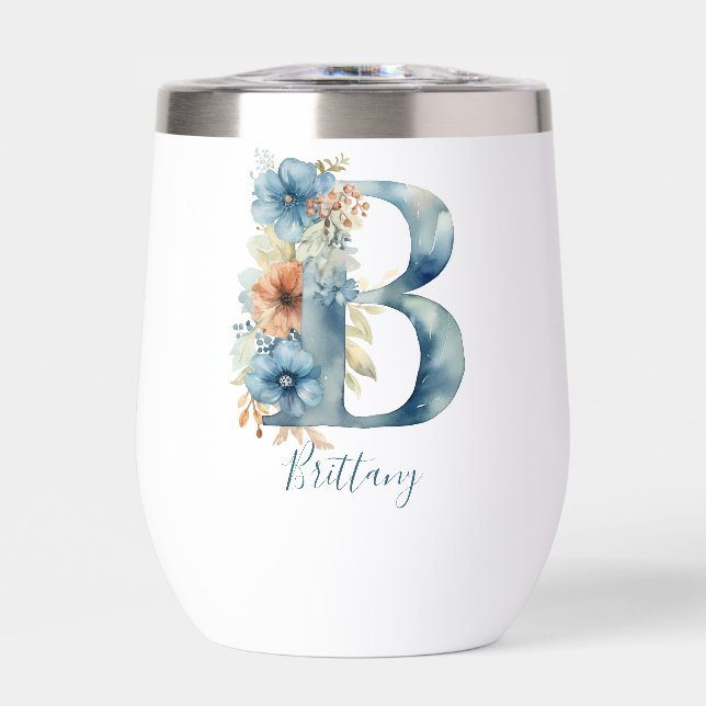 Monogram Initial B Blue Floral Watercolor Gift Her (Front)