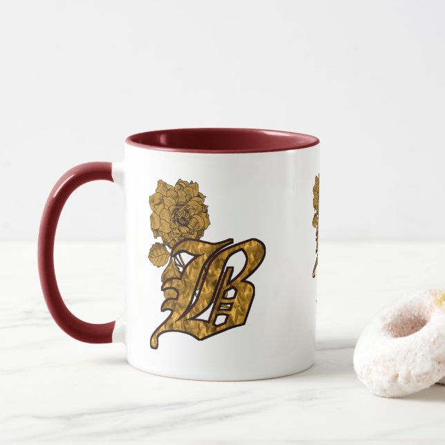 Monogram Initial B Elegant Gold Peony Personalised Mug (With Donut)