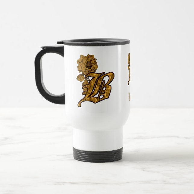 Monogram Initial B Elegant Gold Peony Personalised Travel Mug (Left)