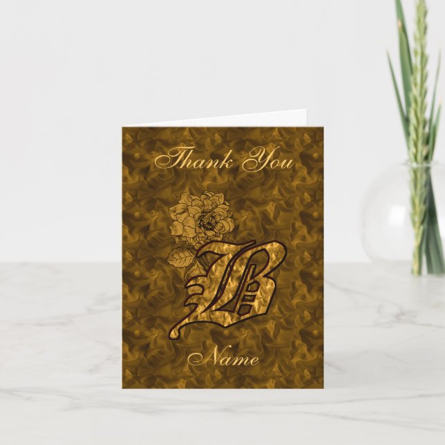Monogram Initial B Gold Satin Peony Personalised Thank You Card (Front)