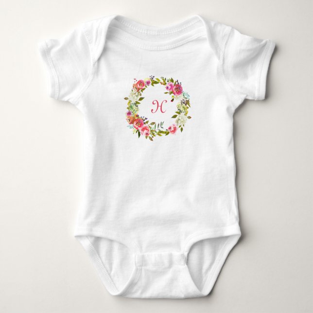 Monogram Initial Baby Tutu Floral Rose Wreath Bodysuit (Front)