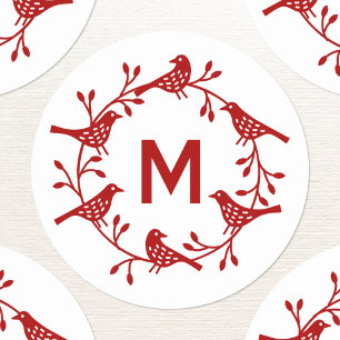 Monogram Initial Bird Wreath Scandinavian Classic Round Sticker