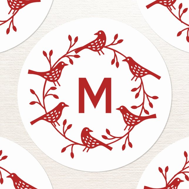 Monogram Initial Bird Wreath Scandinavian Classic Round Sticker (Monogram initial Scandinavian bird wreath personalized stickers)