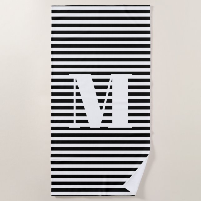 Monogram initial black and white stripes beach towel (Front)