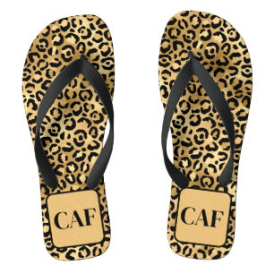 Monogram Initial Black Gold Leopard Cheetah Print  Jandals