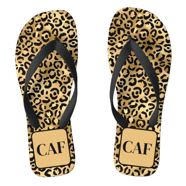 Monogram Initial Black Gold Leopard Cheetah Print  Jandals (Footbed)