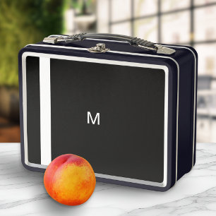 Monogram Initial Black White Minimalist Retro Tin Metal Lunch Box
