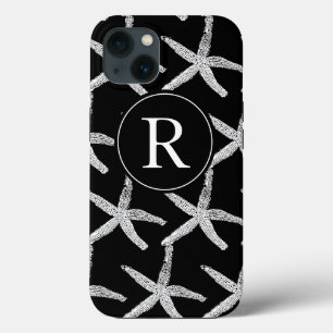 Monogram Initial Black White Starfish Pattern Cute iPhone 13 Case