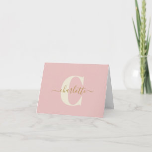 Monogram Initial Blush Pink Gold Script First Name Thank You Card