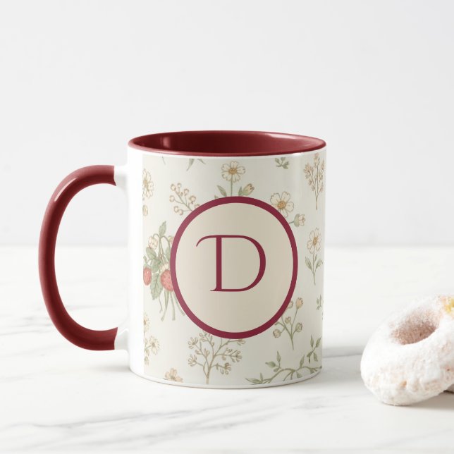 Monogram Initial Boho Willow & Strawberries Gift Mug (With Donut)
