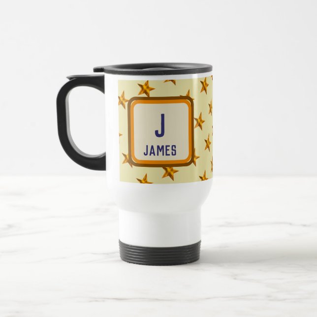 Monogram Initial Bold Gold Star First Name Travel Mug (Left)