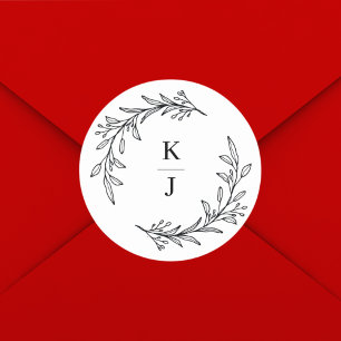 Monogram Initial Botanical Leaf Wedding Favour  Classic Round Sticker