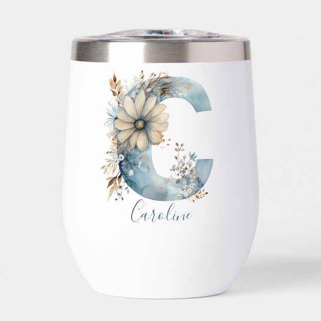 Monogram Initial C Blue Floral Watercolor Gift Her (Front)