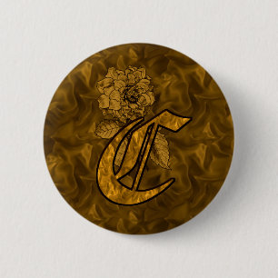 Monogram Initial C Elegant Gold Peony Flower 6 Cm Round Badge