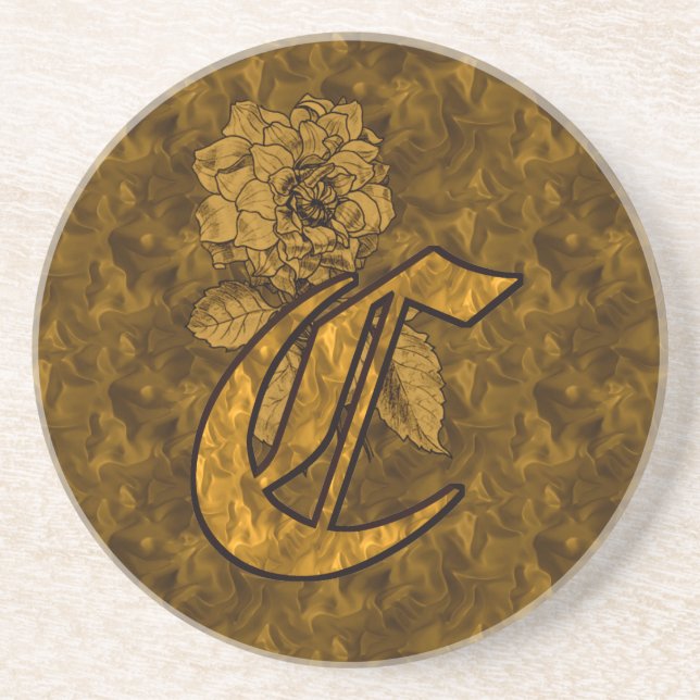 Monogram Initial C Elegant Gold Peony Flower Coaster (Front)