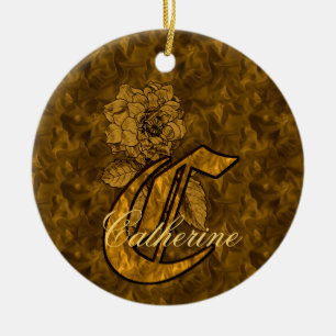 Monogram Initial C Elegant Gold Peony Personalised Ceramic Tree Decoration