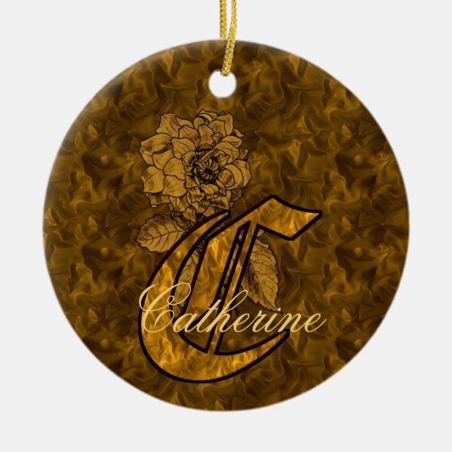 Monogram Initial C Elegant Gold Peony Personalised Ceramic Tree Decoration (Front)