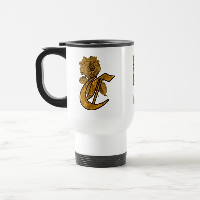 Monogram Initial C Elegant Gold Peony Personalised Travel Mug (Left)