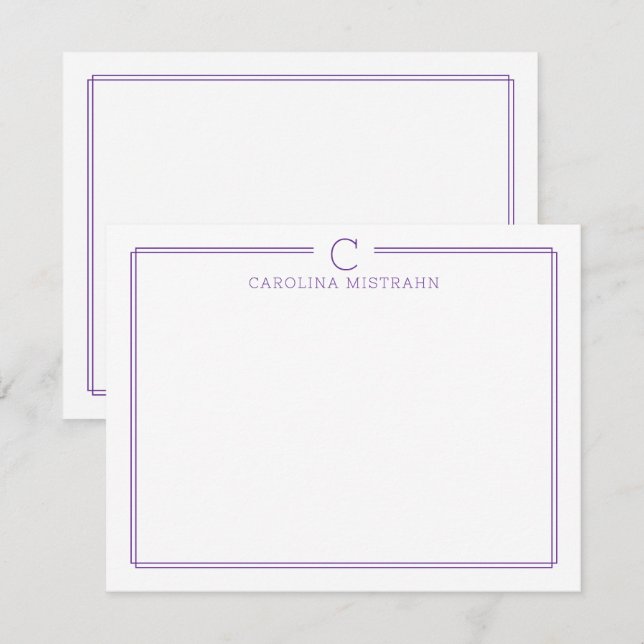 Monogram Initial Casual Purple Border Stationery Card (Front/Back)