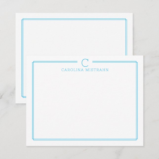 Monogram Initial Casual Sky Blue Border Stationery Card (Front/Back)