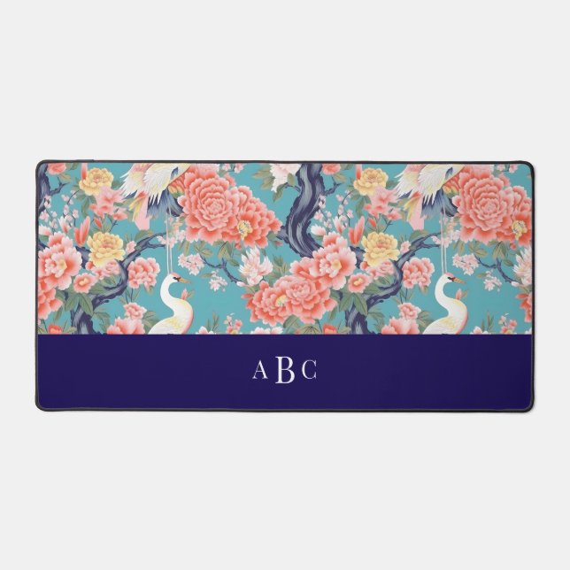 Monogram Initial Chinoiserie Floral Egret  Desk Mat (Front)