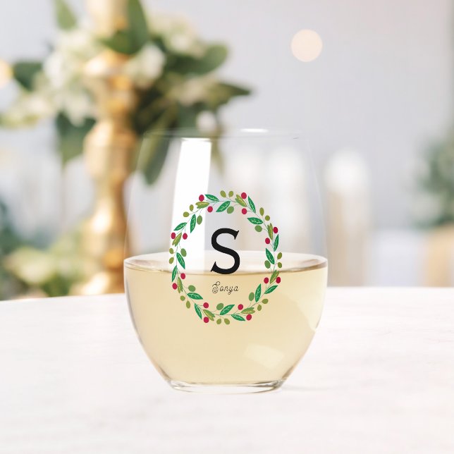 Monogram initial - Christmas  Stemless Wine Glass (Insitu (Wedding))