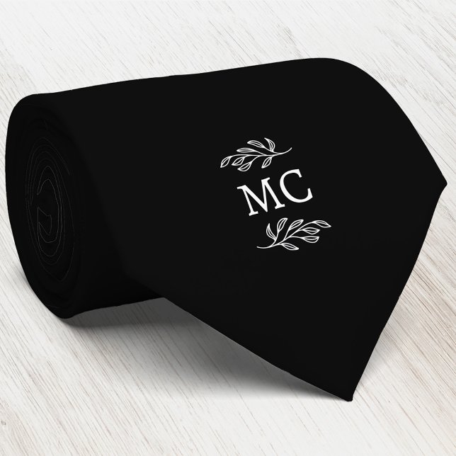 Monogram Initial Crest Botanical Leaf Black Tie (Simple botanical leaf monogram initials personalized crest neck tie)