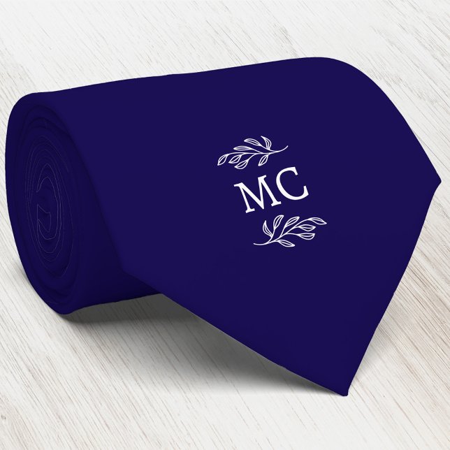 Monogram Initial Crest Botanical Leaf Navy Blue Tie (Simple botanical leaf monogram initials personalized crest neck tie
)