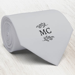 Monogram Initial Crest Botanical Leaf Silver Gray Tie