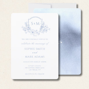 Monogram Initial Crest Dusty Blue Floral Wedding Invitation
