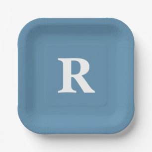 Monogram Initial Custom Colours Dusty Blue White Paper Plate