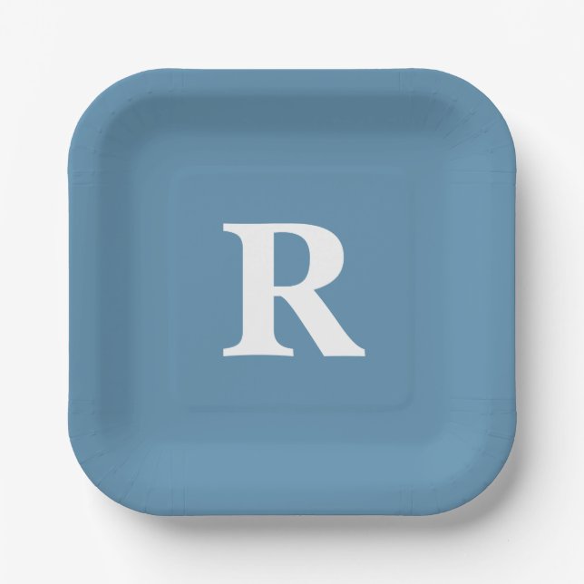 Monogram Initial Custom Colours Dusty Blue White Paper Plate (Front)