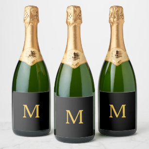 Monogram Initial Custom Name Gold Black Trendy Sparkling Wine Label