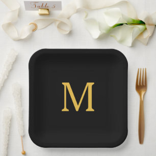 Monogram Initial Custom Name Gold Golden Black Paper Plate