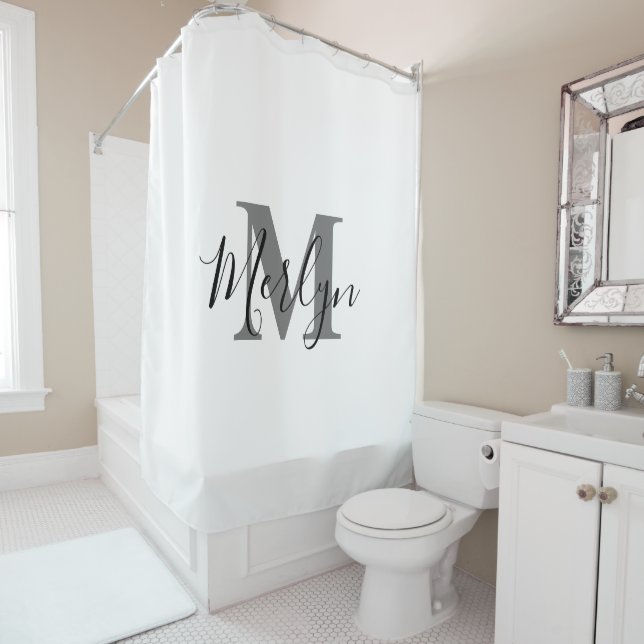Monogram Initial Custom Name Grey Black White Cute Shower Curtain (In Situ)