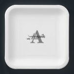 Monogram Initial Custom Name  Grey White Elegant Paper Plate<br><div class="desc">Designed with text templates for monogrammed initial and name which you can customise!</div>