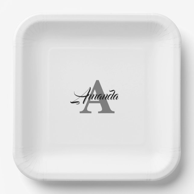 Monogram Initial Custom Name  Grey White Elegant Paper Plate (Front)