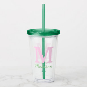 Monogram Initial Custom Name Pink Green Acrylic Tumbler