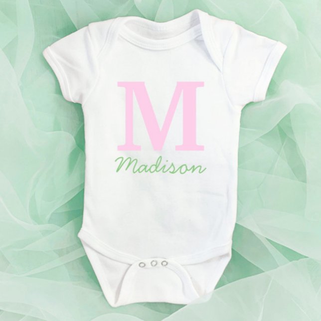 Monogram Initial Custom Name Pink Green Baby Bodysuit (Creator Uploaded)