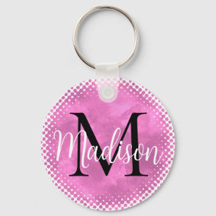 Monogram Initial  Custom Name Pink Watercolor Key Ring