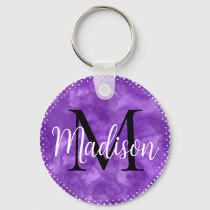 Monogram Initial Custom Name Purple Watercolor Key Ring