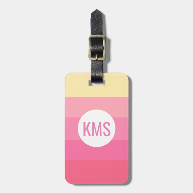 Monogram Initial Cute Pink Stripes Girly Luggage Tag (Front Vertical)