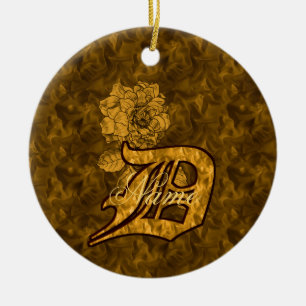Monogram Initial D Elegant Gold Peony Personalised Ceramic Tree Decoration